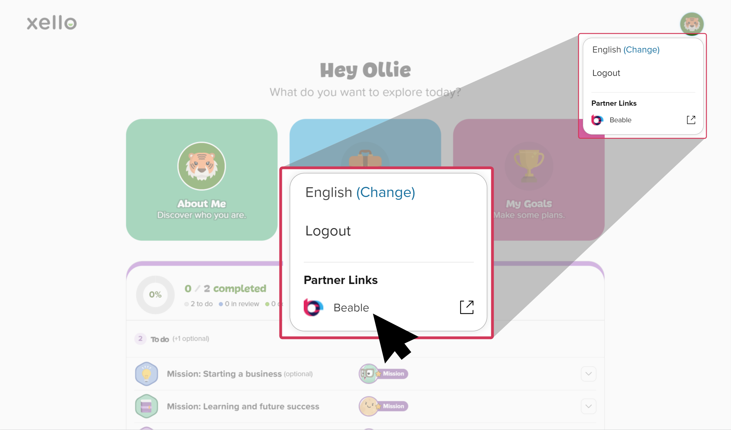 A Xello 3-5 student account is open. The cursor is has opened the avatar menu and under Partner Links is clicking Beable.